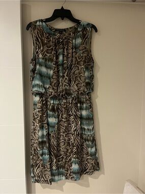 Sharagano Teal and Brown Animal-Print Midi Dress